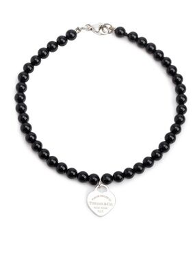 Tiffany & Co. Onyx Beaded Necklace with Silver Heart Tag